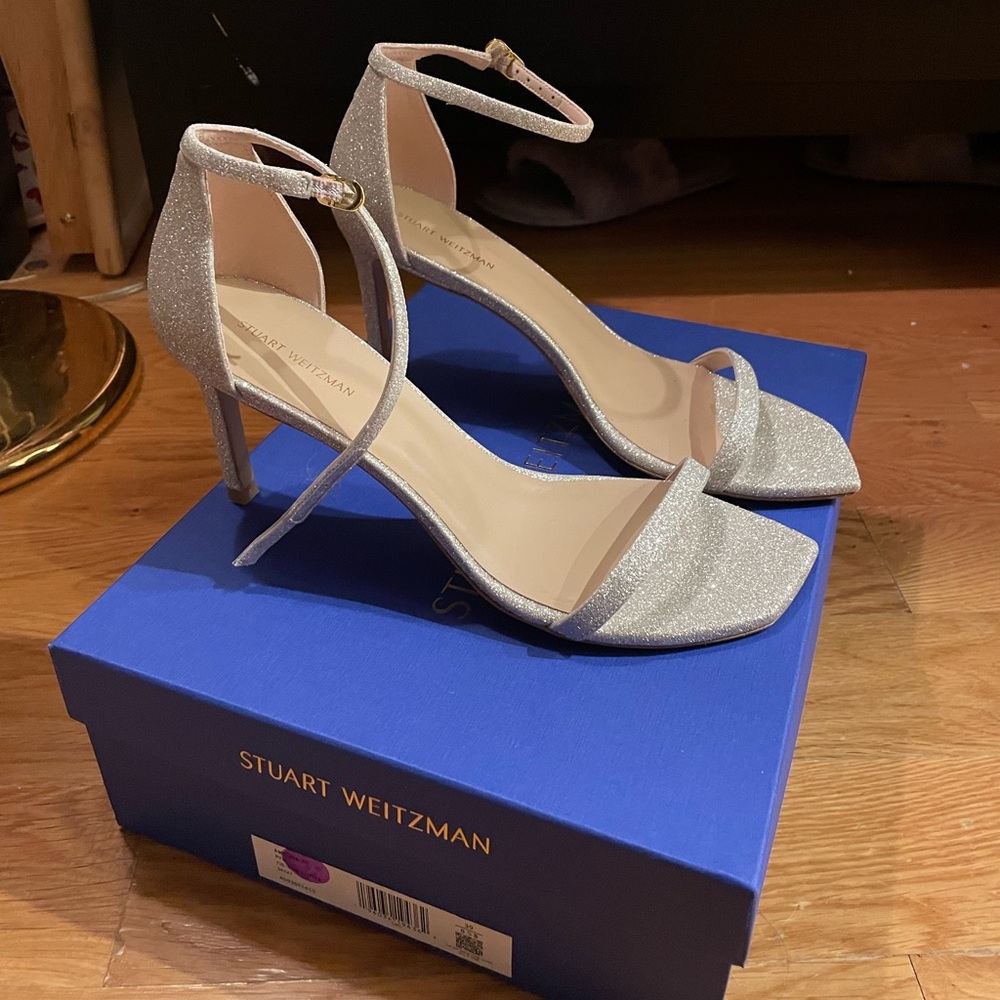 Stuart Weitzman Silver Glitter Ankle-Strap Heels